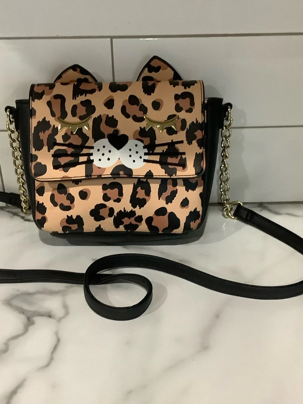 Betsey Johnson Leopard Cat Face Crossbody - Black and Tan